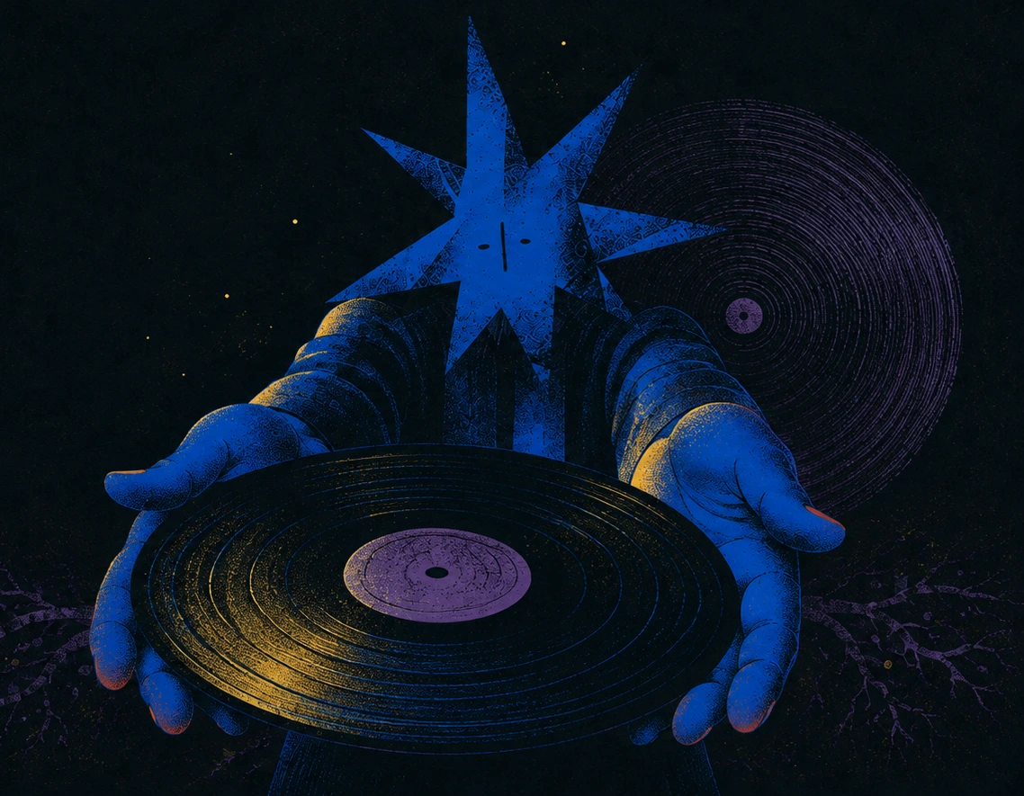 A star headed figure holding out a record in both hands.